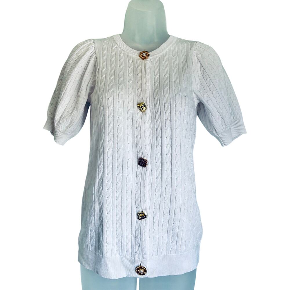 A Love Story White Cable Knit Cardigan Sweater Embellished Gold Buttons PS